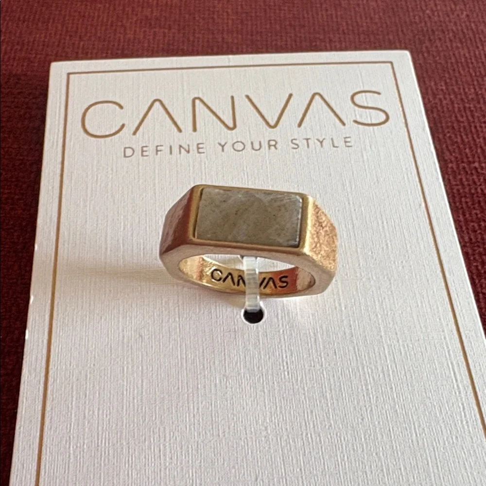 🆕CANVAS: Unisex Trendy Gold Tone Rectangular Ring w/ Gray Stone- Men’s Sz 5.5-6